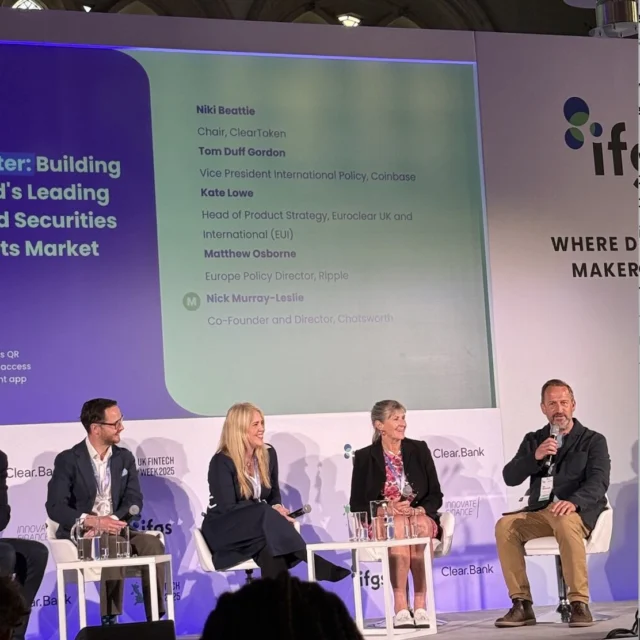Moderating the digital assets panel at Innovate Finance 2025